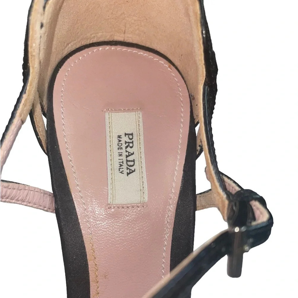 PRADA Black Satin Concho Wedges Sandals Size 5.5 - Picture 2 of 10